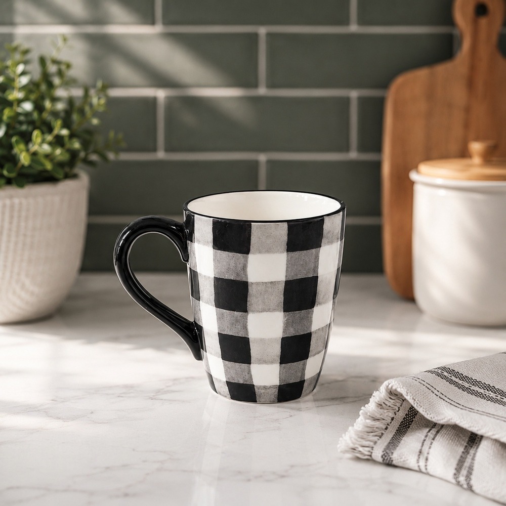 Robert Stanley Black & White Coffee Mug Buffalo Plaid 12 Oz Rustic Farmhouse
